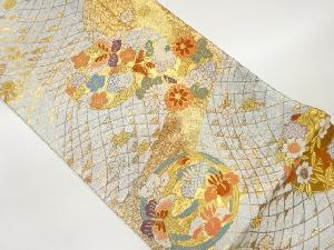 花輪に蝶・花々模様織出し袋帯